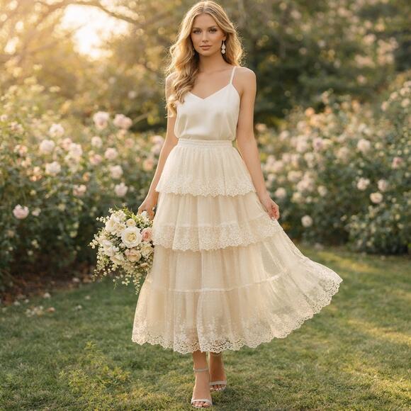 Rachel Zoe Dresses & Skirts - Rachel Zoe Ivory Tiered Lace Tulle Midi Skirt NWT Boho Bridal Rehearsal Party